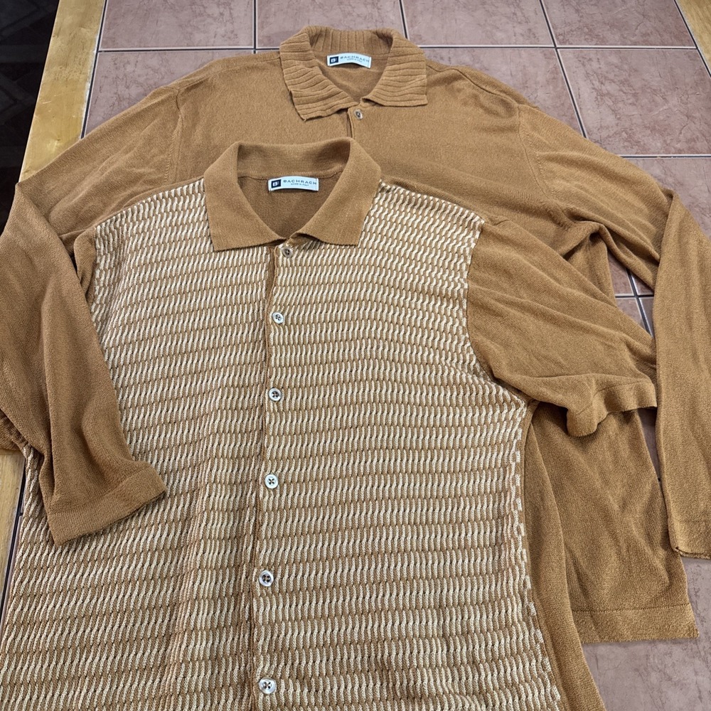 Lot of 2 Vintage Bachrach Button Shirt Sz M Gold Long & Short Sleeve‎ Italy Made